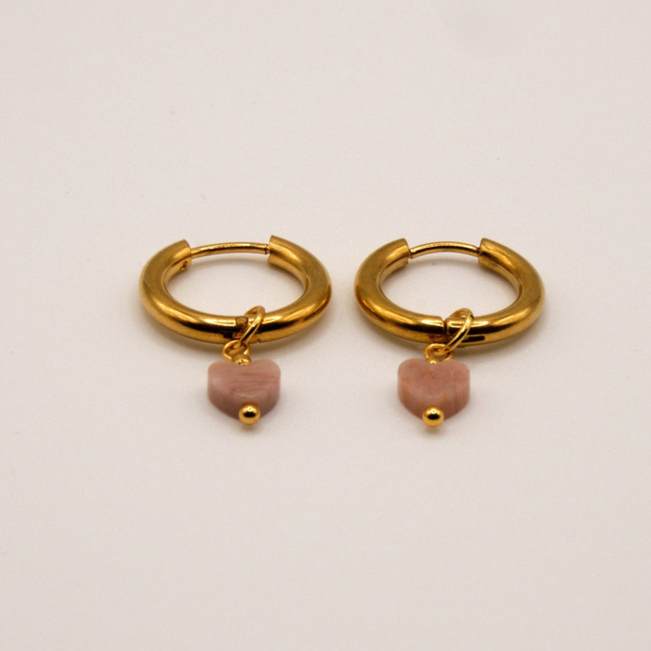Sophie Earrings - Rhodonite - Heart - Stainless Steel - Light Pink