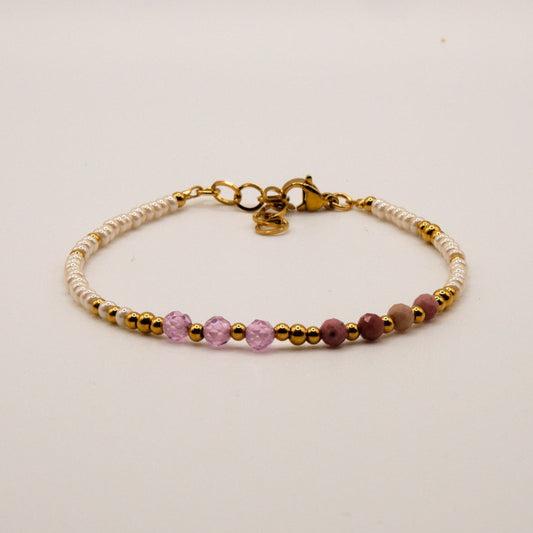 Luna Bracelet - Rhodonite - Zircon - Stainless Steel - White/Pink