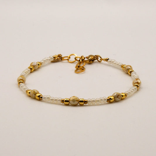 Selena Bracelet - Bohemian Glass Beads - Stainless Steel - White/Beige