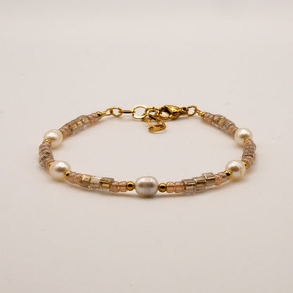 Armband Kira - Süßwasserpelen - Edelstahl - Beige/Gold
