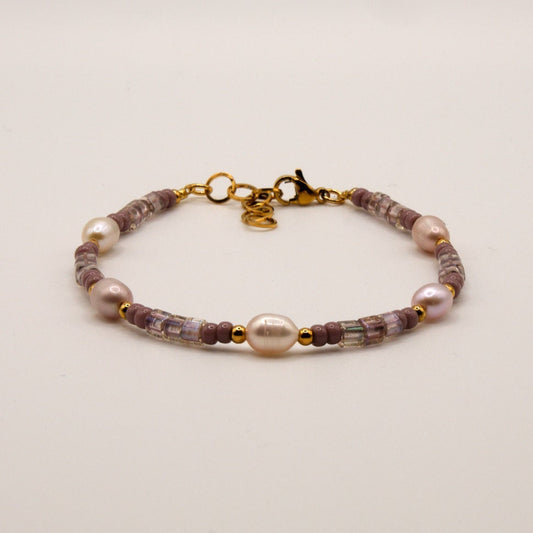 Armband Lia - Süßwasserpelen - Edelstahl - Lila/Gold