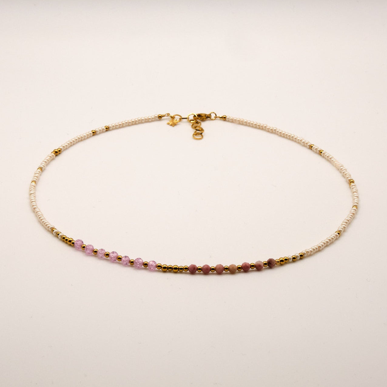 Halskette Luna - Rhodonit - Zirkon - Edelstahl - Weiß/Rosa