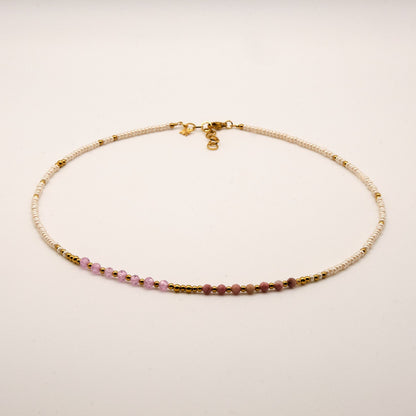 Halskette Luna - Rhodonit - Zirkon - Edelstahl - Weiß/Rosa