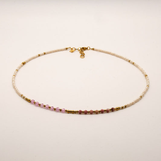 Halskette Luna - Rhodonit - Zirkon - Edelstahl - Weiß/Rosa