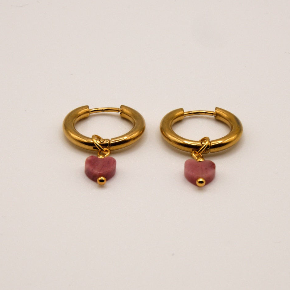 Ohrringe Verena - Rhodonit - Herz - Edelstahl - Mittleres Rosa