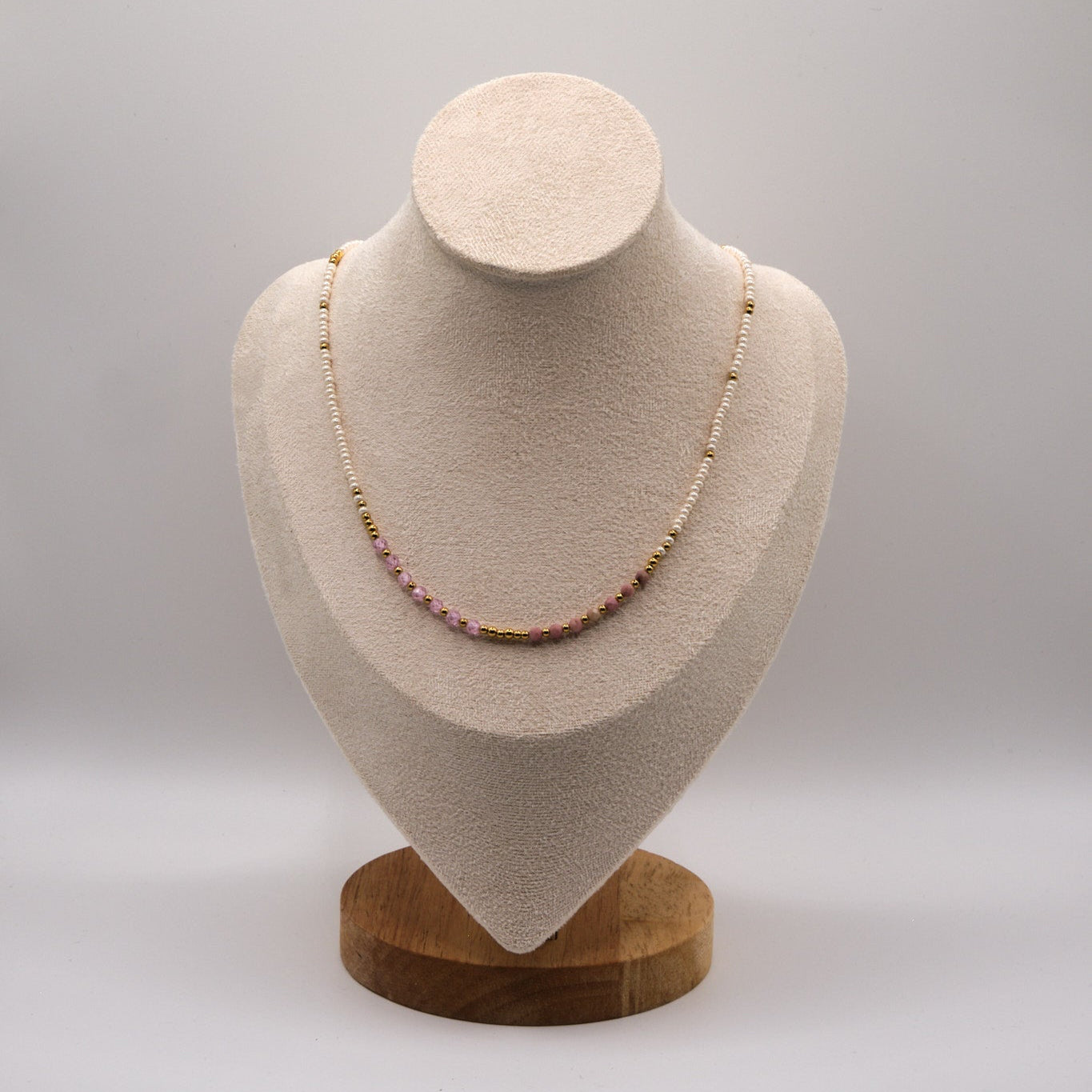 Halskette Luna - Rhodonit - Zirkon - Edelstahl - Weiß/Rosa