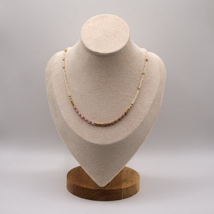 Halskette Luna - Rhodonit - Zirkon - Edelstahl - Weiß/Rosa