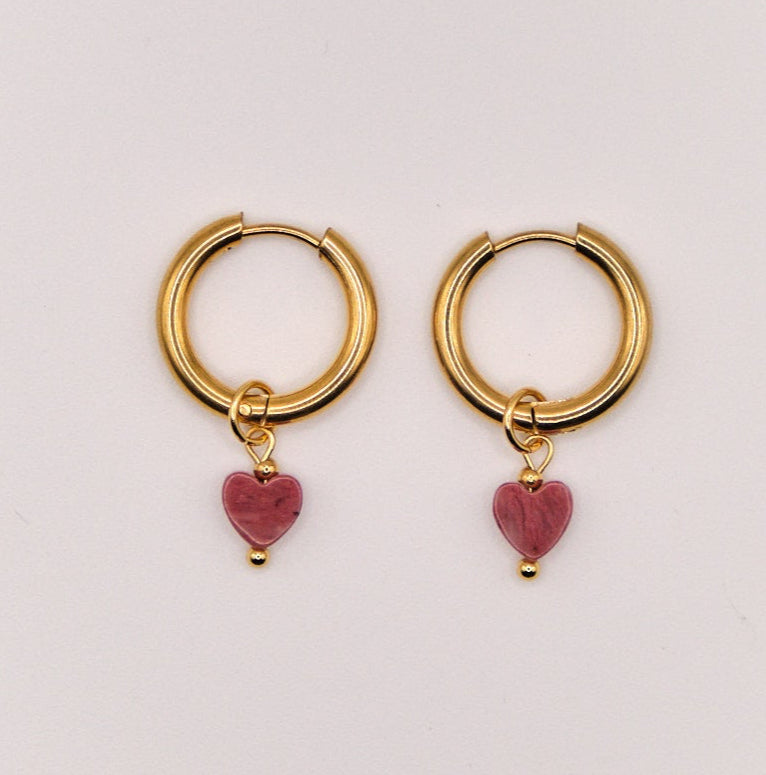 Ohrringe Pauline - Rhodonit - Herz - Edelstahl - Kräftiges Rosa