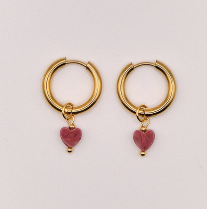 Ohrringe Pauline - Rhodonit - Herz - Edelstahl - Kräftiges Rosa
