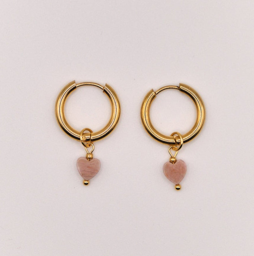 Sophie Earrings - Rhodonite - Heart - Stainless Steel - Light Pink