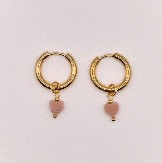 Sophie Earrings - Rhodonite - Heart - Stainless Steel - Light Pink