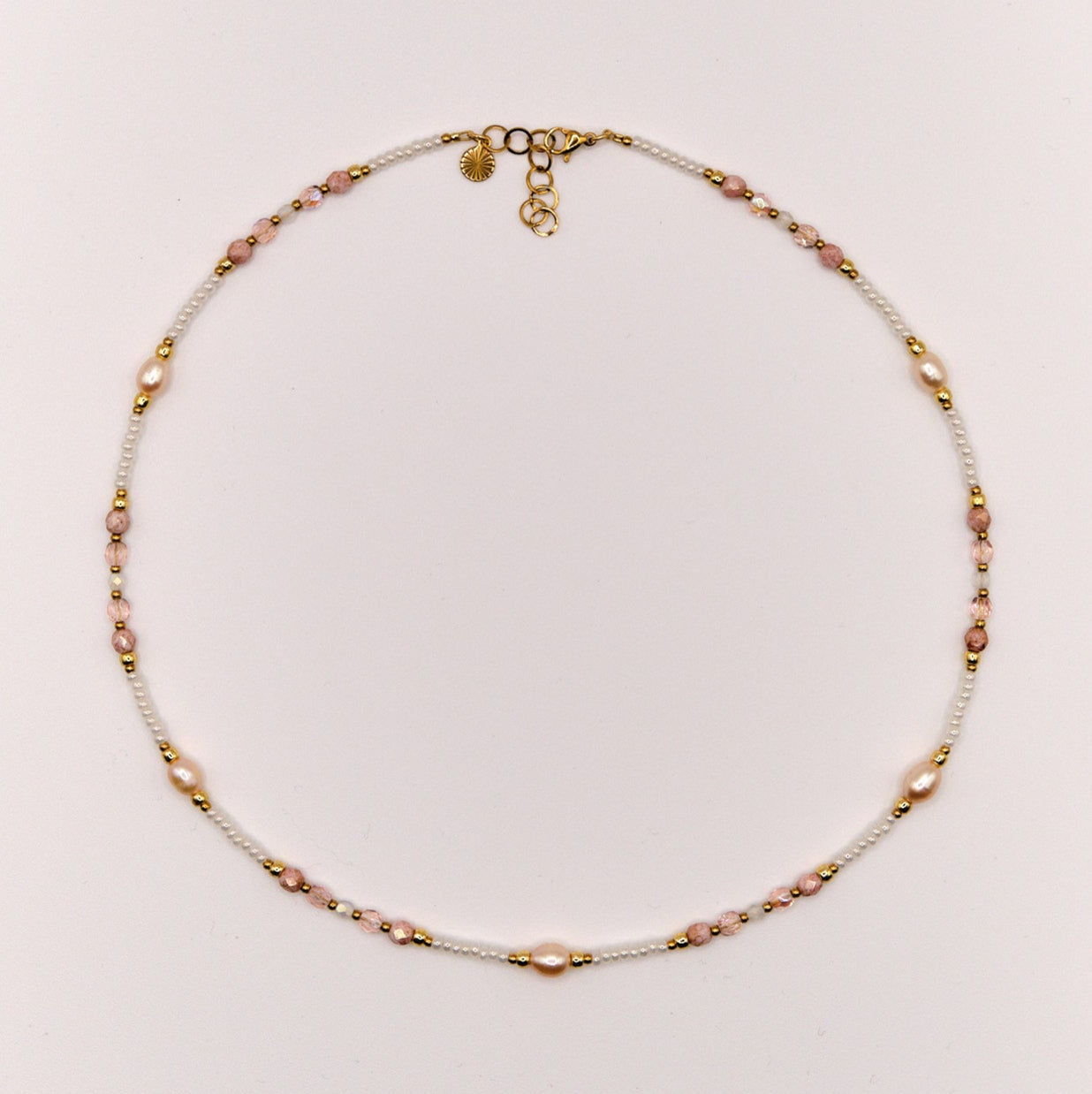 Halskette Greta - Süßwasserperlen - Böhmische Glasperlen - Edelstahl - Weiß/Rosa