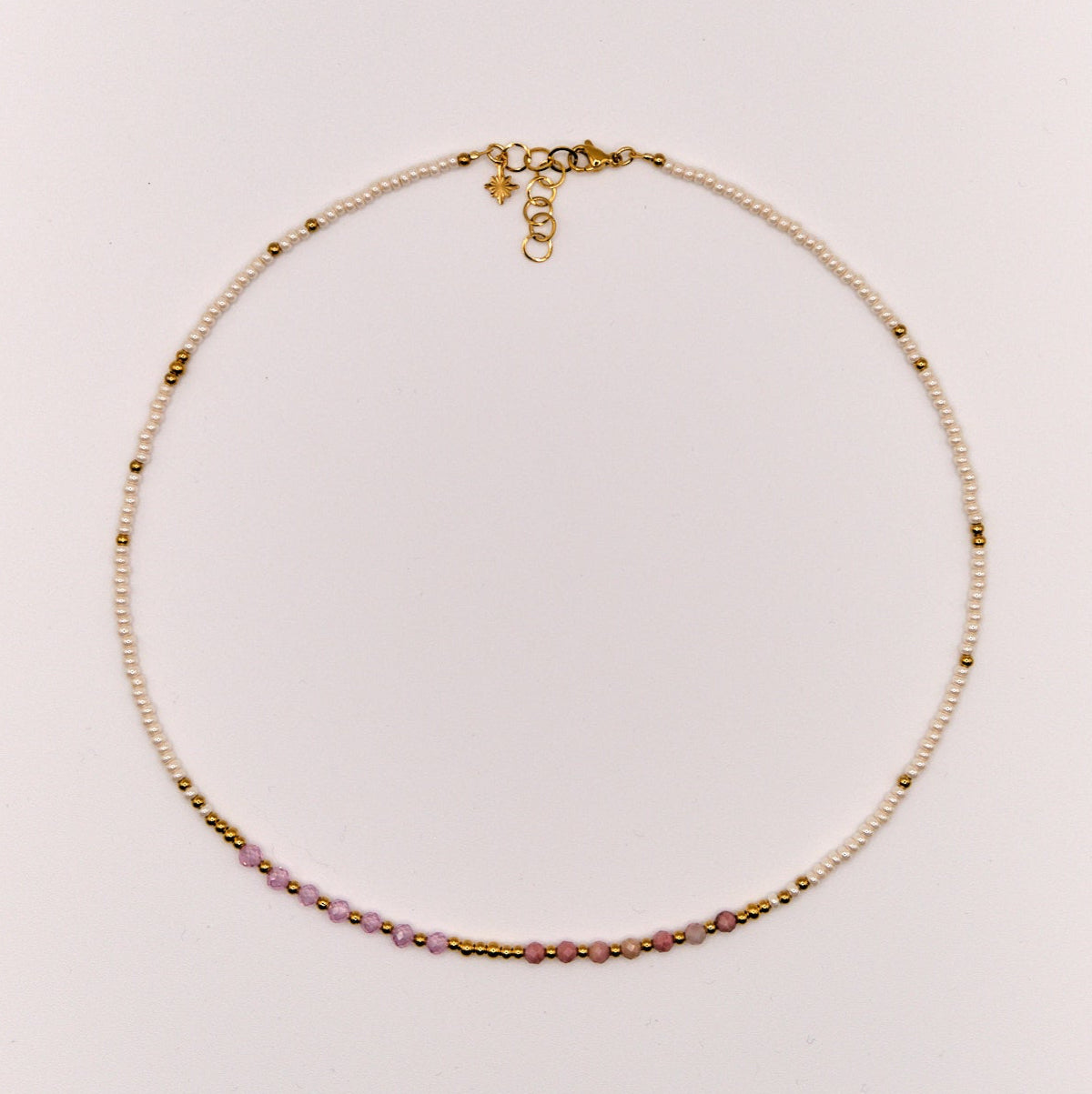 Halskette Luna - Rhodonit - Zirkon - Edelstahl - Weiß/Rosa