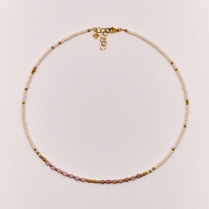 Halskette Luna - Rhodonit - Zirkon - Edelstahl - Weiß/Rosa