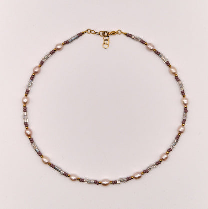 Halskette Lia - Süßwasserpelen - Edelstahl - Lila/Gold